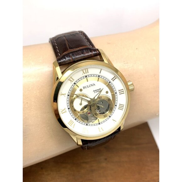 Bulova Men's Watch 97A121 Automatic Gold Tone Case Brown Leather Band 41mm - Picture 12 of 14